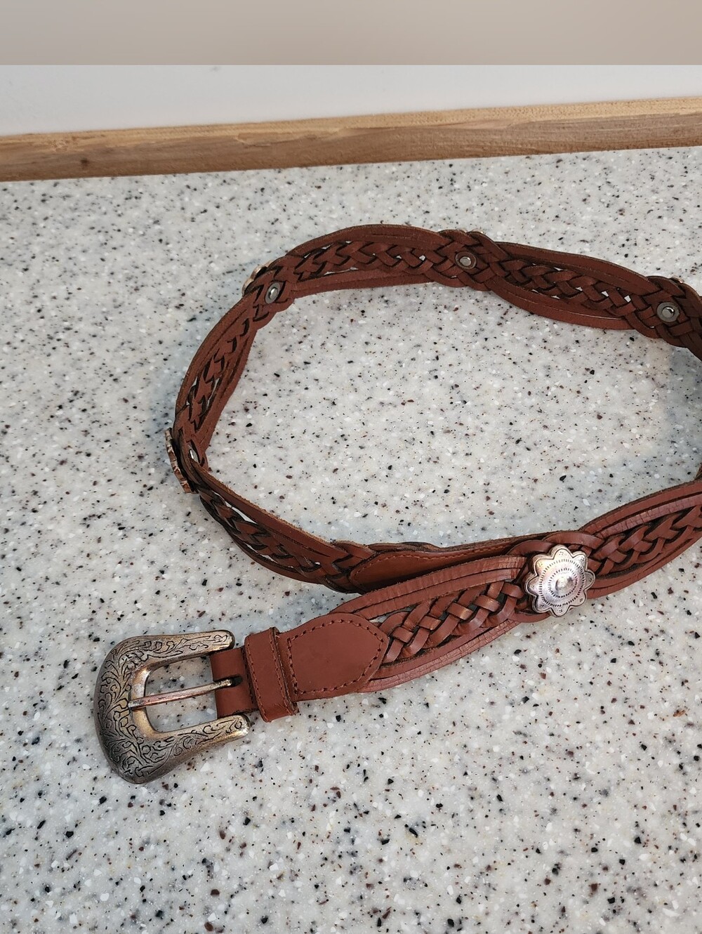 Fossil Braided Brown Leather Western Belt with Decorative Concho Size L